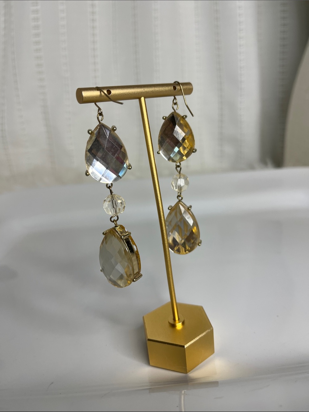 Gold-Tone Brown Stone 2-Sided Teardrop Crystal Dangle Earrings - Picture 5 of 8